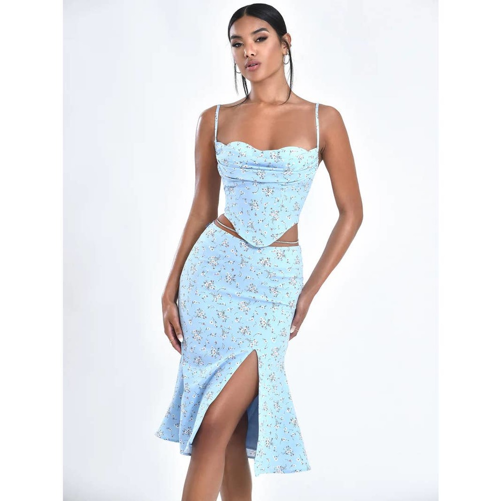 Miss Circle Nora Floral Corset Top & Mary Slit Skirt Set Blue Women's XS NWOT - Picture 2 of 7